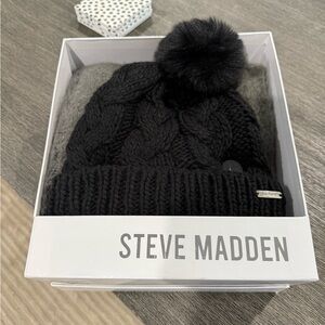 Steve Madden Black Cable Knit Beanie with Pom and Scarf Set